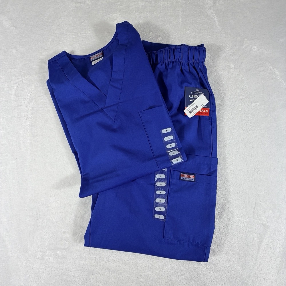 NWT Cherokee Workwear Professionals Men's Sz S Blue V-Neck Scrub Top & Bottom